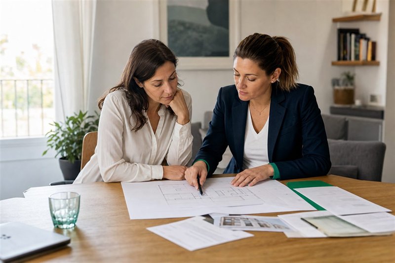 Tecnica e proprietaria consultano la planimetria dell’immobile