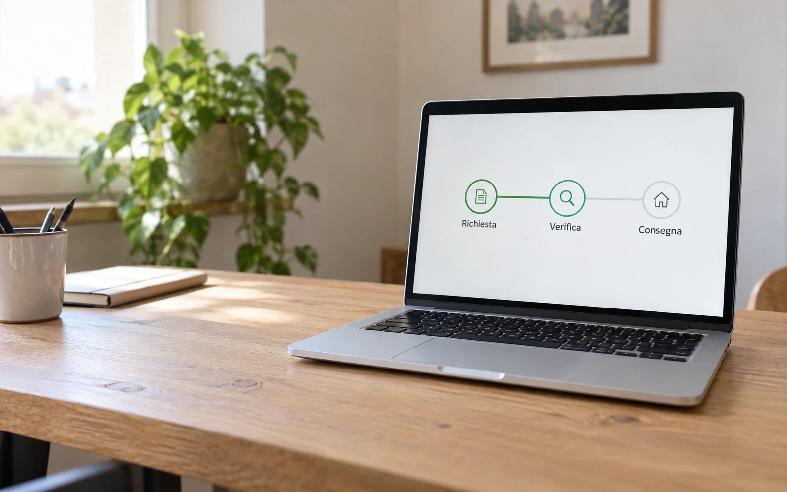 Scena illustrativa: computer su un tavolo con un percorso digitale di richiesta, verifica e consegna